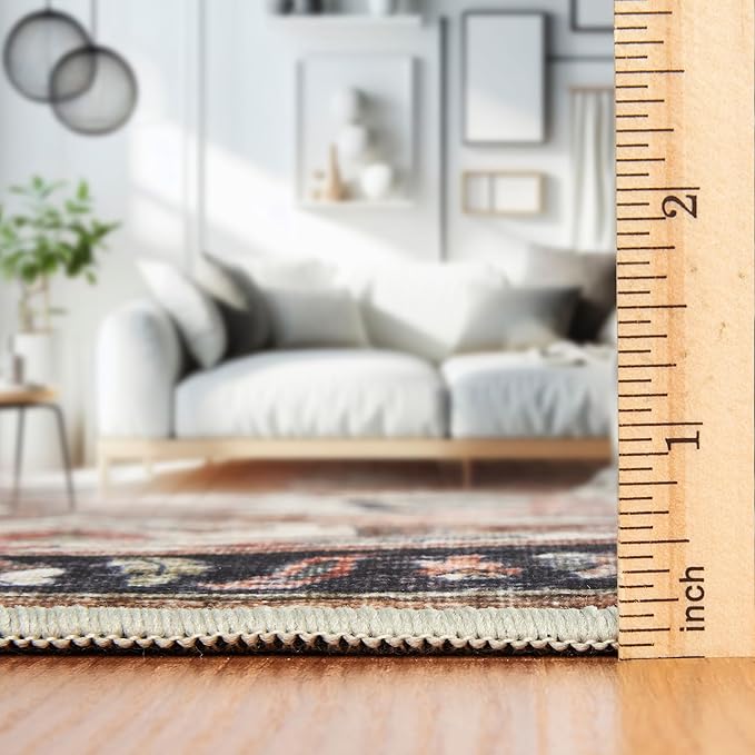 ReaLife Rugs Machine Washable Area Rug - Living Room Bedroom Bathroom Kitchen Entryway Office - Padded Low Pile Stain Resistant Premium - Boho Farmhouse Vintage - Joy - Brown Beige 4' x 6'