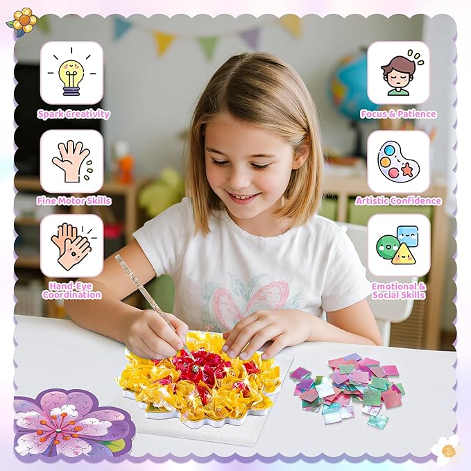 DIY Flower Bouquet Craft Kits, Poke in Art Arts and Crafts for Kids Girls Boys 4 5 6 7 8 9 10 11 12 Years Old Great Birthday Christmas Gifts 6 Flowers with LED Lights