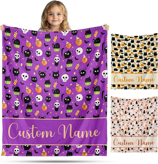 Ship Next Day, Personalized Halloween Blanket for Boys Girls - Printed in USA, Custom Baby Blanket with Name Super Soft Plush Flannel, Halloween Decor Christmas Brithday Gifts for Kids Toddlers