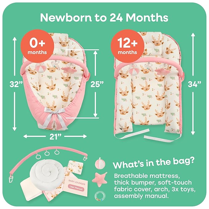Portable Baby Lounger for Newborn w/Removable Arch & 3 Toys - Infant Lounger w/ 38% More Protection - Comfort, Breathable and Soft Floor Dock a Tot for Home and Travel | 0-24 (Pink)