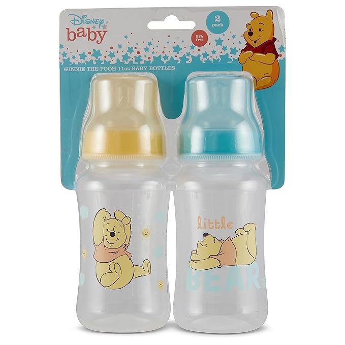 Disney Winnie The Pooh Baby Bottles 11 oz for Boys or Girls | 2 Pack of Infant Hourglass Shaped Bottles with Cover for Newborns and All Babies | BPA-Free Plastic Baby Bottle for Baby Shower