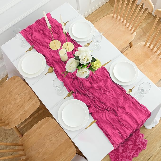 12Pack Hot Pink Cheesecloth Table Runner 35x120Inch Spring Easter Cheese Cloth Table Runner 10FT Boho Gauze Table Runners Rustic Sheer Table Runners for Wedding Bridal Shower Baby Shower Party Decor