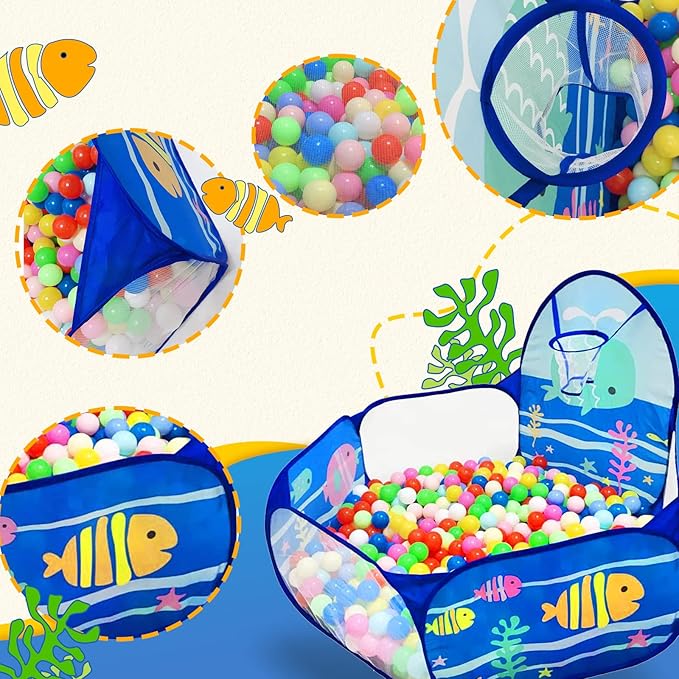 Kids Ball Pit, Pop Up Children Play Tent, Toddler Ball Pool Baby Crawl Playpen with Basketball Hoop, Portable Toys for Girls Boys, 4 ft / 120 cm, Balls Not Included, Ocean