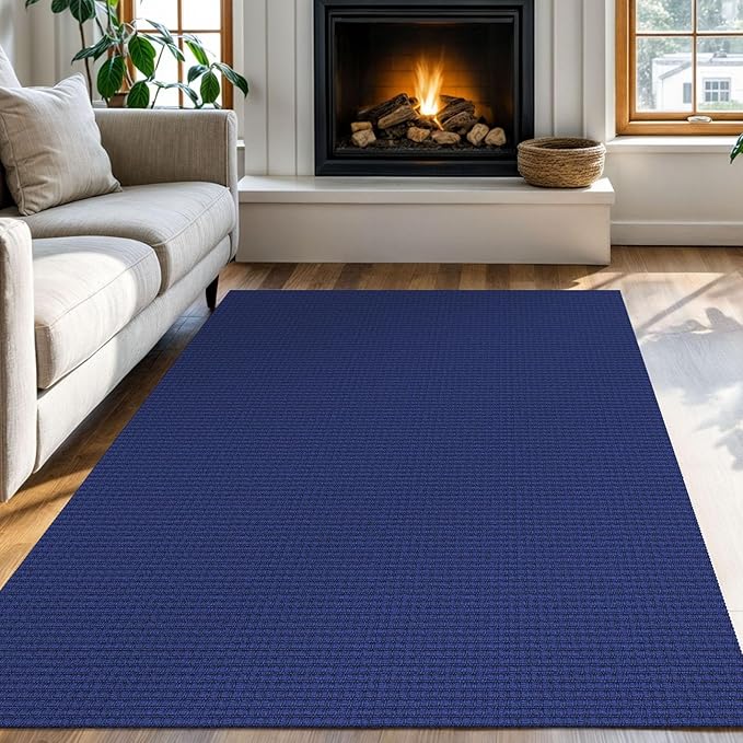 KOZYFLY Washable Area Rug 4x6 ft Non Slip Rubber Backed Living Room Rugs Braided Woven Cotton Kitchen Rugs Indoor Entryway Rug Floor Carpet for Dining Living Room Bedroom, Royal Blue/Navy