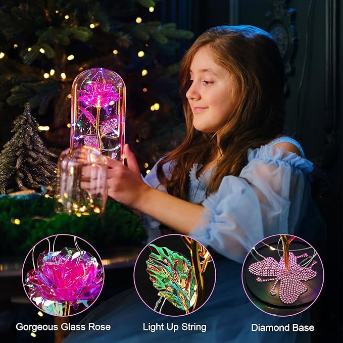 DEEMEI Birthday Gift for Women Pink Rose Eternal Flower USB Light Up Rose in Glass Dome Anniversary Flowers for Delivery Prime Mothers Day Presents Flowers Gifts for Her Grandma Girlfriend Wife