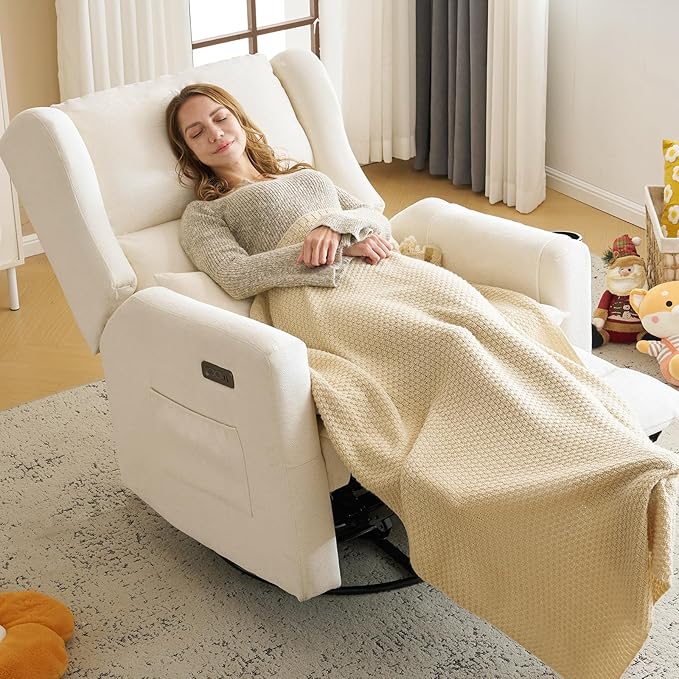 Oversized Swivel Rocker Recliner Chair, 26" Extra Wide Glider Nursery Chair with Adjustable Headrest, Chenille Power Recliner Rocking with Double Cushion, Cup Holder, White