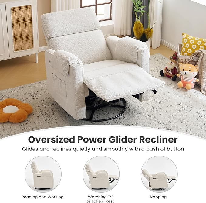 Oversized Power Recliner Chair Swivel Glider with Adjustable Headrest, Swivel Rocking Recliner Chair for Adults, 26" Extra Wide Glider Nursery Chair with Overstuffed Armrest, USB Ports, White