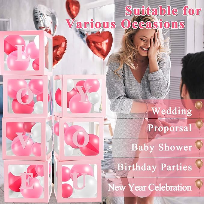 Ledido Transparent Balloon Boxes With 78 Letters, Pink Baby Boxes with Letters for Baby Shower Clear Letter Boxes for Party Wedding Birthday Baby Shower Decorations 7 PCS
