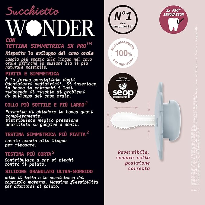Suavinex Wonder Baby Pacifier, SX Pro Silicone Nipple, Reversible, Non Irritating Shield Design, 2Pk Pacifiers 6-18 Months, Made in Europe, Magenta Chalk