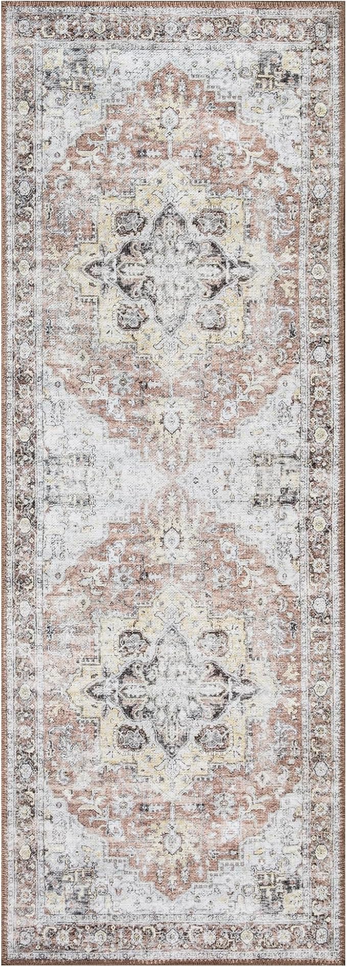 Bloom Rugs Washable Non-Slip 7 ft Runner - Blush/Beige Traditional Medallion Runner for Entryway, Hallway, Bathroom, and Kitchen - Exact Size: 2.5' x 7'