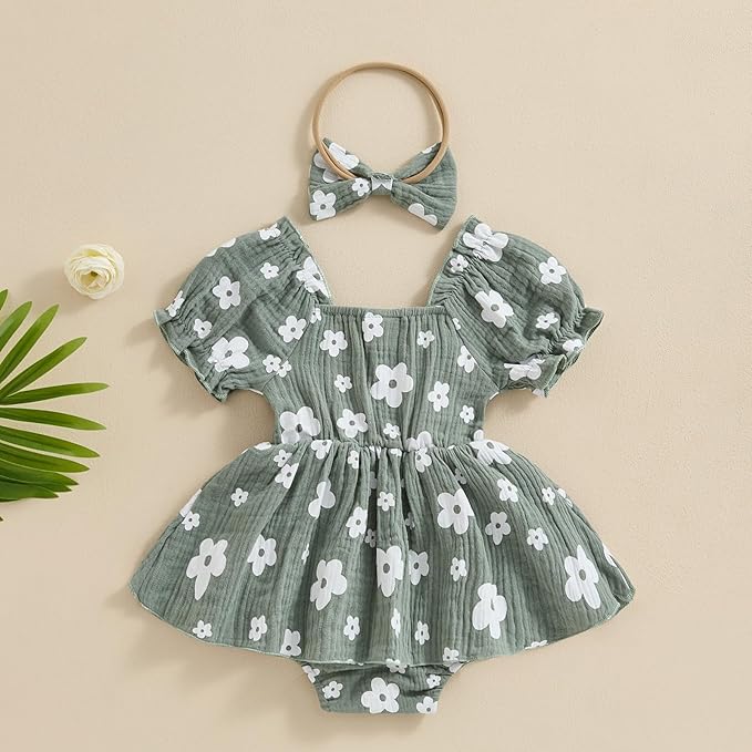 Baby Girls Floral Cotton Leotard Romper Newborn Daisy Playsuits Ruffled Sleeve Onesie Infant Jumpsuit Clothes Headband