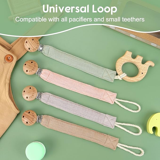 TYRY.HU Ribbon Pacifier Clip Holder,4 Pack Binky Paci Holder Clips, Pacifier Leash for Boys and Girls, Soft Webbing Strap Universal Fits for Most Pacifier, Styles & Teethers(Khaki,Grey,Green,Pink)
