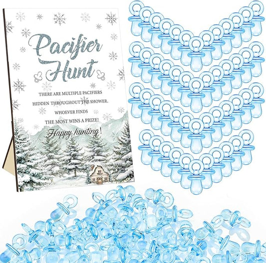 Thyle 51 Pcs Pacifier Hunt Baby Shower Games Include Hunt Sign and 50 Acrylic Pacifiers for Baby Shower Game Decoration Gift Sets Gender Reveal Party Decor(Baby It's Cold Outside)