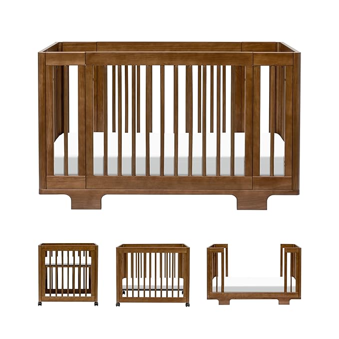 Babyletto Yuzu Convertible All-Stages Bassinet, Midi, Standard Crib in Natural Walnut, Greenguard Gold Certified, Portable & Adjustable with Conversion Kits and Pads Included