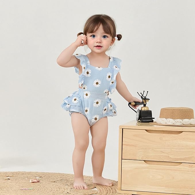 Baby Girls Floral Cotton Leotard Romper Newborn Daisy Playsuits Ruffled Sleeve Onesie Infant Jumpsuit Clothes Headband