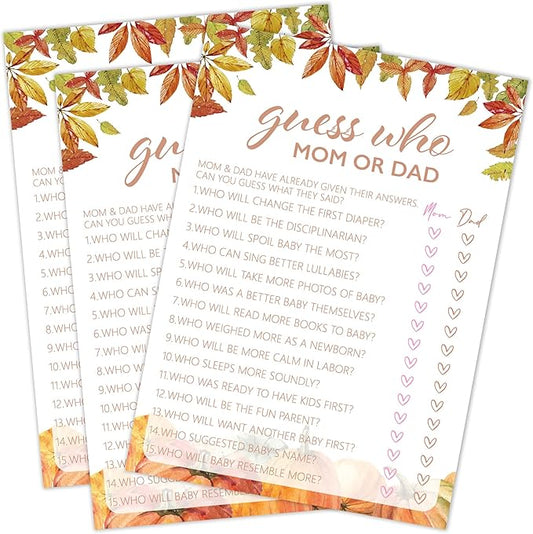 Fall Baby Shower Games, Guess Who Mom or Dad Game Cards, 5x7 in, Thanksgiving Baby Shower Party Favor Decorations Supplies - A03