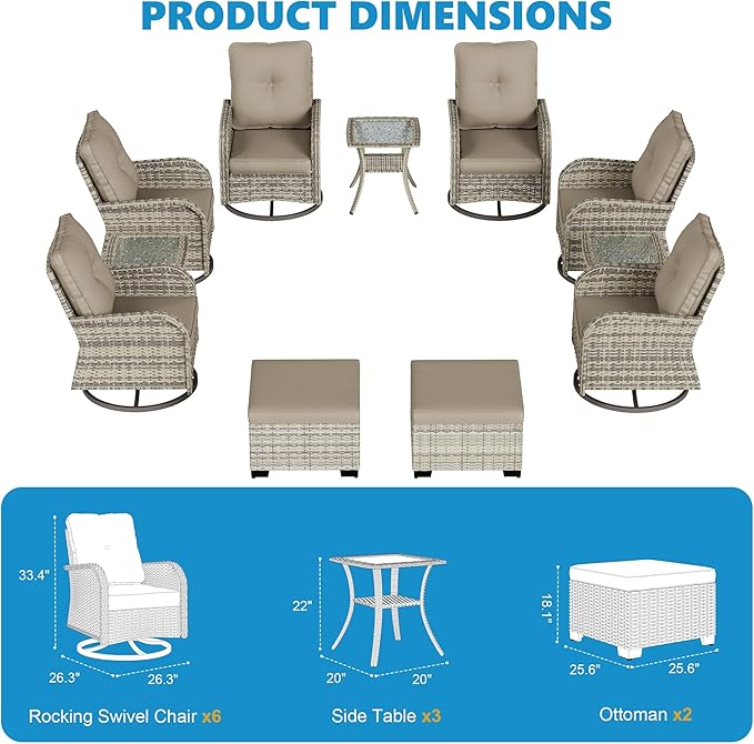 11-Piece Small Patio Furniture Set, Outdoor Swivel Rocking Chairs Set with Ottomans, Patio Bistro Set for Balcony, Deck, Porch, Khaki