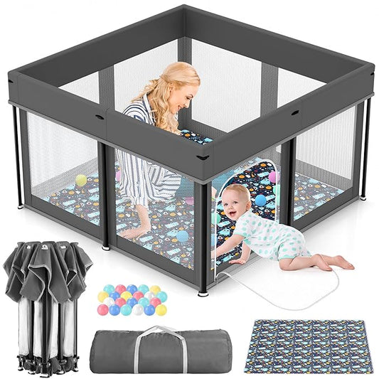 Foldable Baby Playpen, 50"×50" Play Yard Playpen for Babies and Toddlers 1-3, Portable Playpen with Mat, Play Fence Gate Corrales para Bebes