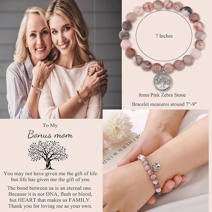 QWNHONEY Mothers Day Gift for Grandma Mom Mother in Law Sister in Law Bonus mom Granny Nana Valentine's Day Birthday Anniversary Pink Red Natural Stone Tree of Life Bracelet