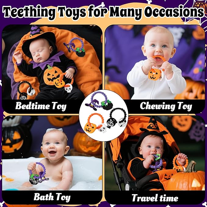 Silicone Teether Toys for Babies - 3Pcs Halloween Themed Teething Ring, Pumpkin Skull Baby Sensory Chew Toys with Rattles for Newborn Boy and Girl to Soothe Sore Gums, Baby Shower Birthday Gifts