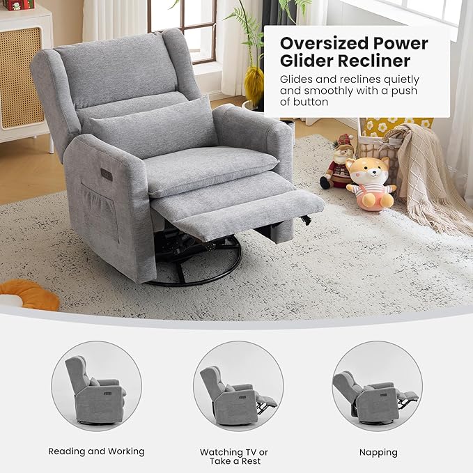 Oversized Swivel Rocker Recliner with Adjustable Headrest, 26" Extra Wide Glider Recliner Nursery Chair with Double Cushion, Chenille Glider Rocking Chair for Living Room,Cup Holder,Grey