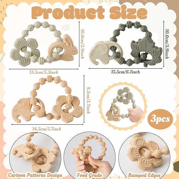 Silicone Teether Toys for Babies - 2ooya 3Pcs Animals Themed Teething Ring, Flower Leaves Baby Sensory Chew Toys with Rattles for Newborn Boy and Girl to Soothe Sore Gums, Baby Shower Birthday Gifts
