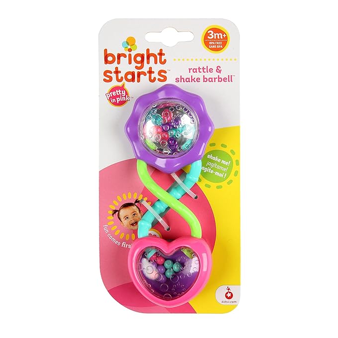Bright Starts Rattle and Shake Barbell Toy - Pretty in Pink, Ages 3 Months + (Pack of 2)