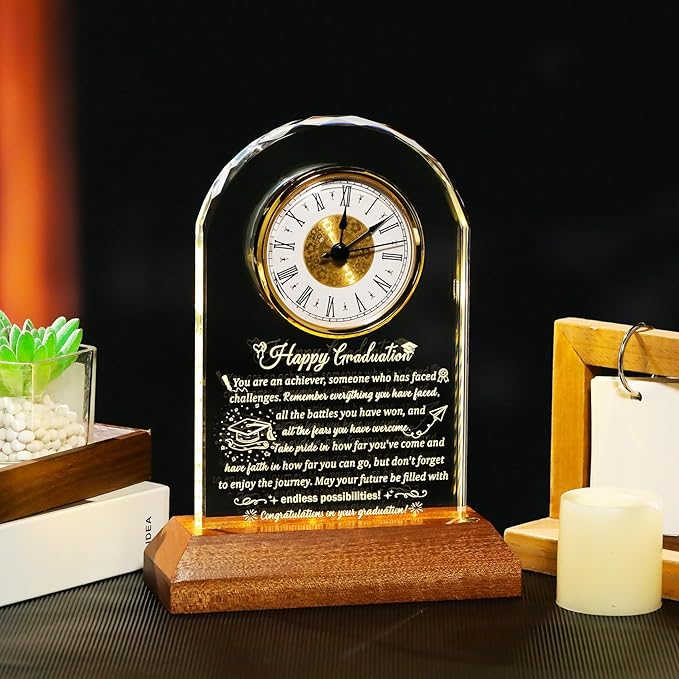 Glass Clock Graduation Gifts for Women Men with Wooden Light Base Class of 2025 Graduation Keepsakes for Her Him Inspirational Gifts Idea for College High School PHD Masters Degree