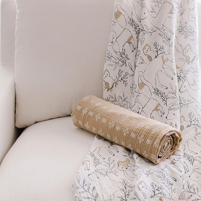 Crane Baby 100% Cotton Muslin Swaddle Blankets, Set of 2, 47" x 47", Boho Woodland Baby, Forest Animals Swaddle, Neutral Baby Items