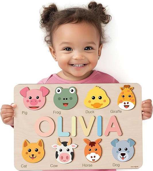 Custom Name Puzzle for Toddlers 1-3, 1 Year Old Girl Gifts, 1st Birthday Gifts Boy, ABC Wooden Puzzle Animals and Alphabet Learning Puzzles Toys for Babies, Preschool Montessori Toys