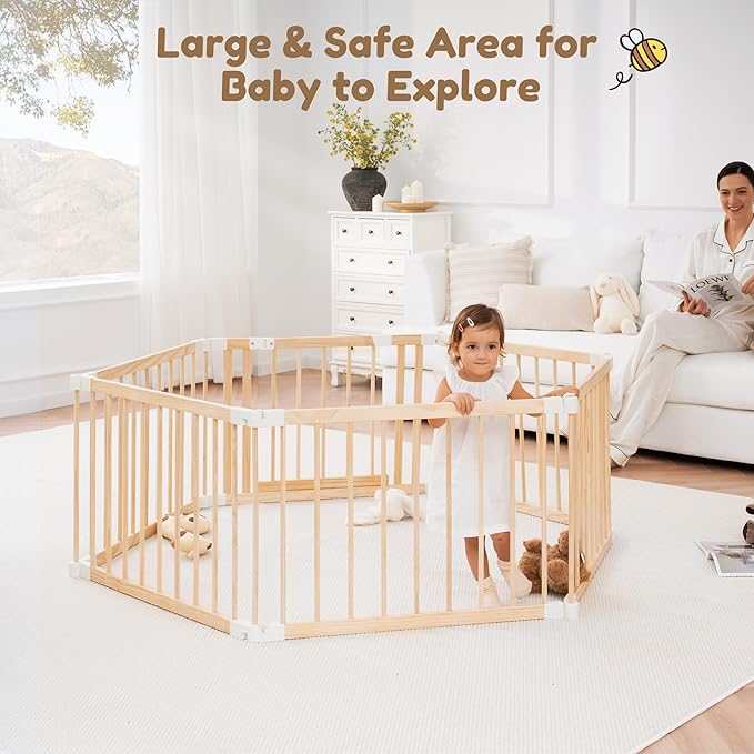 Wooden Playpen & Play Yards for Babies and Toddlers, Foldable Wood Baby Play Fence with Locking Gate, Kids Activity Area Center Indoor Outdoor, Pinewood