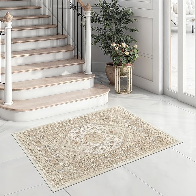 zesthome 2x3 Entryway Rug, Soft Washable Rugs, Non Slip Area Rug, Stain Resistant Low Pile Rugs for Bedroom, Vintage Rug for Door Mat, Kitchen (Cream/Beige,2'x3')