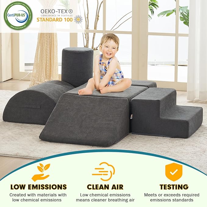 jela Kids Foam Climbing Blocks 6Pcs Soft Play Equipment, Toddler Climbing Toys Indoor Soft Play Climbing Set, Lightweight Climbing Blocks for Babies, Crawling Foam Playset (Miss Fabric Darkgrey)