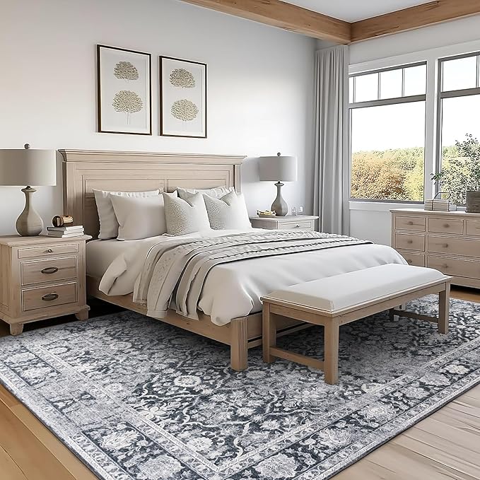 ReaLife Rugs Machine Washable Area Rug - Living Room Bedroom Bathroom Kitchen Entryway Office - Padded Low Pile Stain Resistant Premium - Boho Farmhouse Vintage - Noor - Dark Gray Ivory 5' x 7'