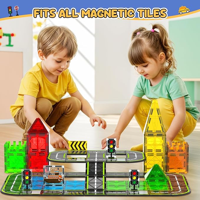 Magnetic Tiles Road Set, Magnetic Building Blocks for Kids Ages 3+Year Old, Montessori Educational Magnet Toys for Toddler Kids, STEM Creative Toy for Christmas Birthday Gifts