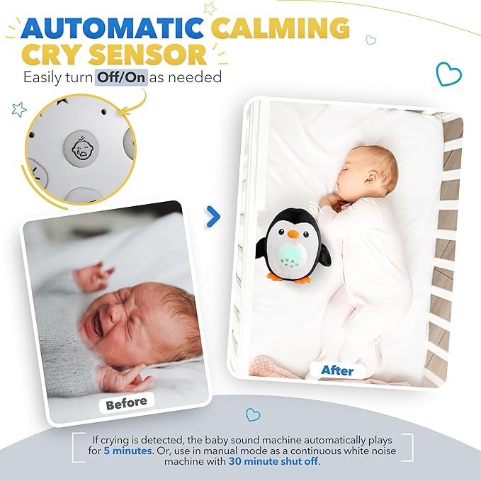 Bubzi Co Portable Penguin Baby Soother & Night Light Projector, Comforting Electronic Infant Toddler Sleep Aid with White Noise