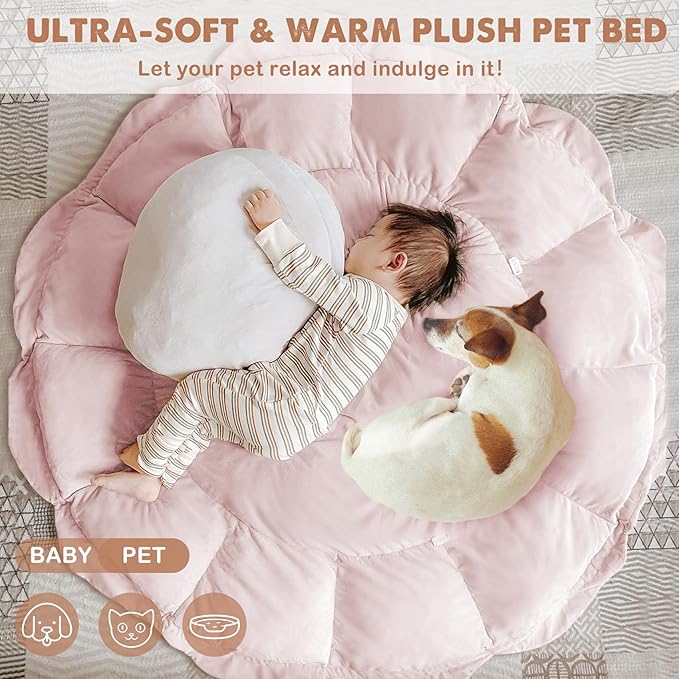 HAN-MM 5-in-1 Convertible Baby Play Gym with 6 Toys, Tummy Time Mat for Sensory Development, Baby Activity Center from Newborn to Toddler, Ball Pit, Cat & Dog Bed, Soft Plush Pet Bed, Pink