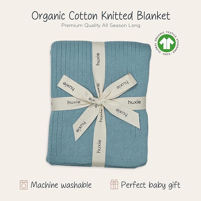Knitted Organic Cotton Baby Blanket- Swaddle Blanket, 30" x 40" Soft Receiving Blanket for Newborn (Ribbed - Polar Blue)