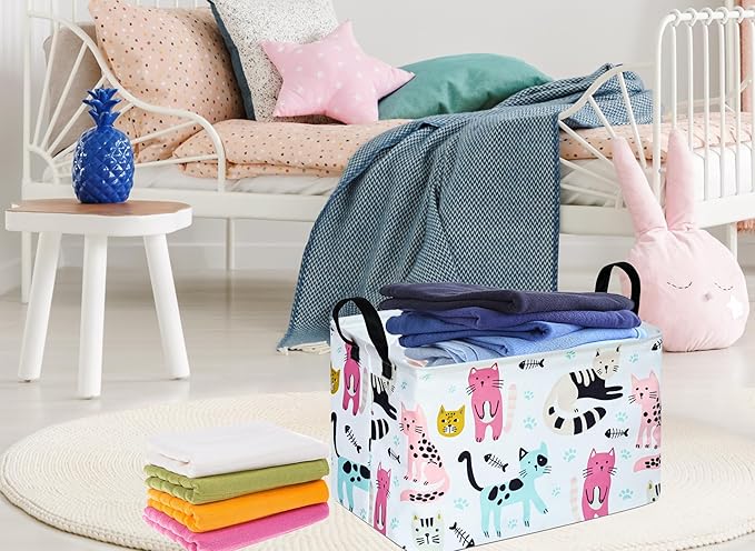 Cute Cat Pattern Gift Laundry Basket for Girls and Boys, Baby Storage Bin for Dirty Cloth, Toys, Kids Clothes Gift Storage Box with Handles