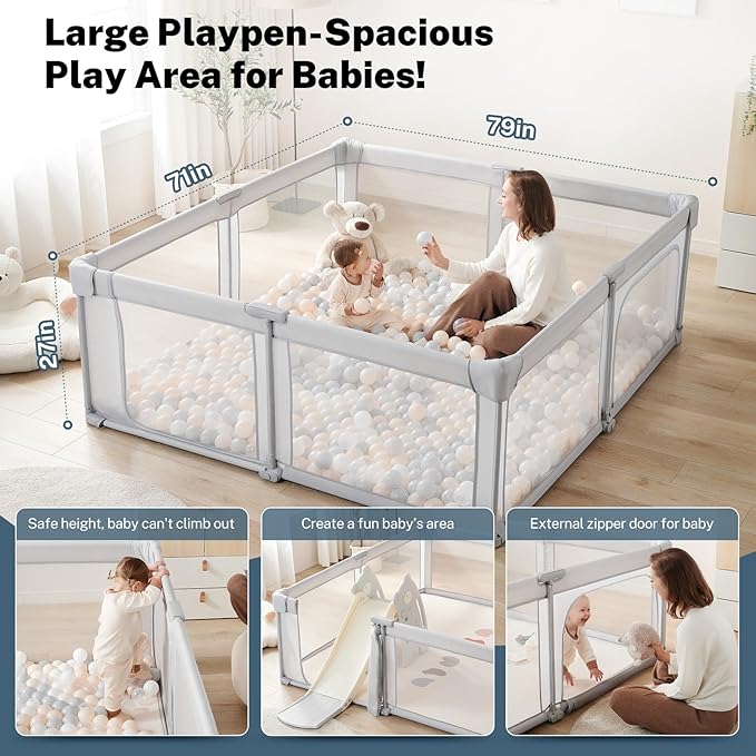 Baby Playpen Portable, Pre-Assembled Play Pen 71x79 Large Foldable Playpen for Babies and Toddlers, Sturdy and Safe Toddler Play Yard Indoor Outdoor with Carry Bag, Grey