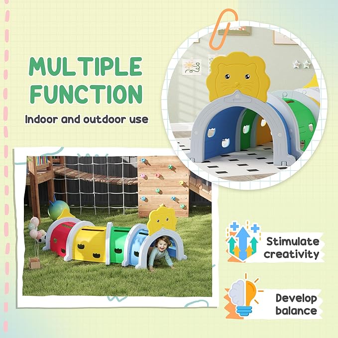 Qaba Lion Tunnel, Toddler Tunnel for Kids Crawl and Climb Through, Kids' Play Structure Indoor Outdoor, 4 Sections, Multicolored
