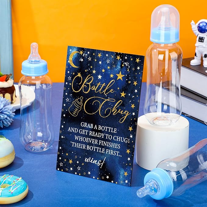 TrelaCo Star Cool Baby Shower Games Bottle Chug Sign Wooden Twinkle Moon and Star Gift Sets Gender Reveal Party Favors and 12 Pcs Baby Bottle Shower Favor for Gender Reveal Game