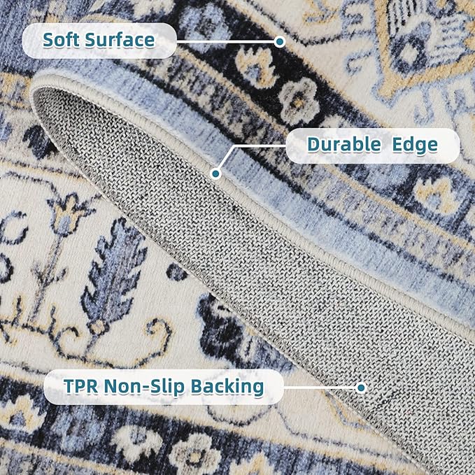 Dripex Hallway Runner Rug 2x10, Washable Rug Kitchen Rug Non Slip with Rubber Backing Soft Thin Vintage Carpet Runner for Entryway Bedroom Bathroom Laundry Room Living Room Decor, Blue Cream Multi