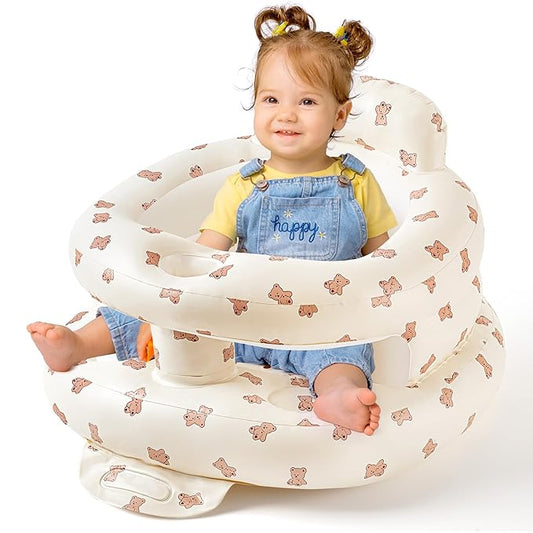 Inflatable Baby Seat for Babies 3-36 Months, Sit Up Chair Built in Air Pump Blow Up Infant Back Support Floor Seat for Bebe 3 Months & Up, Large Space Inflatable Baby Chair (Biscuit Bear-Large)