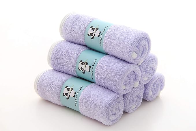 HIPHOP PANDA Baby Washcloths, Rayon Made from Bamboo - 2 Layer Ultra Soft Absorbent Newborn Bath Face Towel - Reusable Baby Wipes for Delicate Skin - Purple, 6 Pack