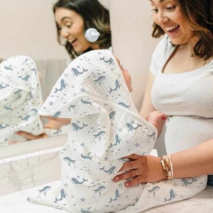 Konssy 2-Pack Muslin Hooded Baby Towels, 100% Cotton, Ultra-Soft & Absorbent Baby Bath Towels with Hood for Newborn & Infant (Blue, Blue Whale, 30'' x 30'')