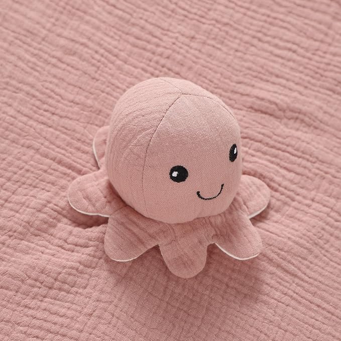 Organic Cotton Muslin Loveys for Babies,Security Blankets for Baby Lovey,Unisex Baby Essentials Neutral,Baby Registry Search,Newborn Baby Gifts for Boys and Girls (Octopus Pink)