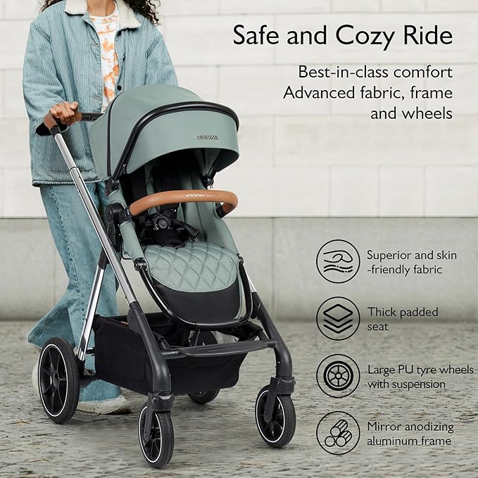 Beberoad Love RX 3-in-1 Baby Stroller with Bassinet, Toddler Strollers, Foldable Newborn Infant Stroller with Organizer, Rain Cover, Sunshade & Mosquito 2 in 1 Cover, Large Storage Basket（Green）