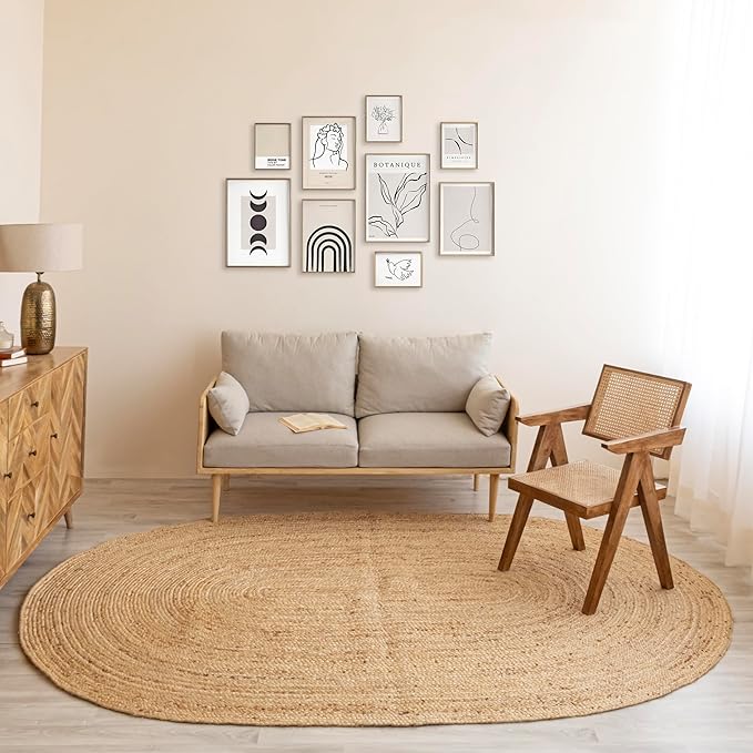 HOMEMONDE Reversible Oval Jute Area Rug - 5 x 8 ft Hand Woven Natural Fiber - Farmhouse Braided Rugs for Dining Room/Hallway/Office/Kitchen/Bedroom (Natural)