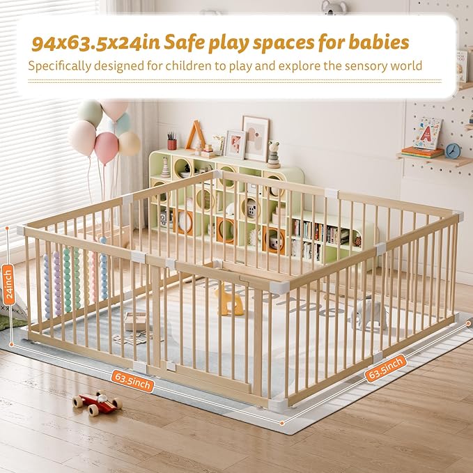 Large Wooden Baby Playpen - Size Adjustable Fence for Babies and Toddlers, Baby Play Yard with Locking Gate, Indoor Play Pen for Kids Activity Center 63.5”×63.5”